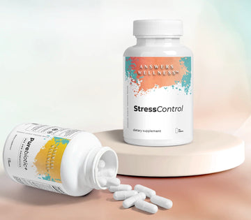 Conquer Stress Bundle by Answers Wellness: StressControl and PureBiotic+ for natural stress relief and gut health support.