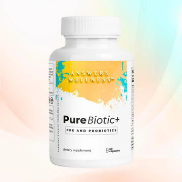 PureBiotic+ by Answers Wellness — probiotic and prebiotic formula for gut health, digestion, immunity, and stress relief.