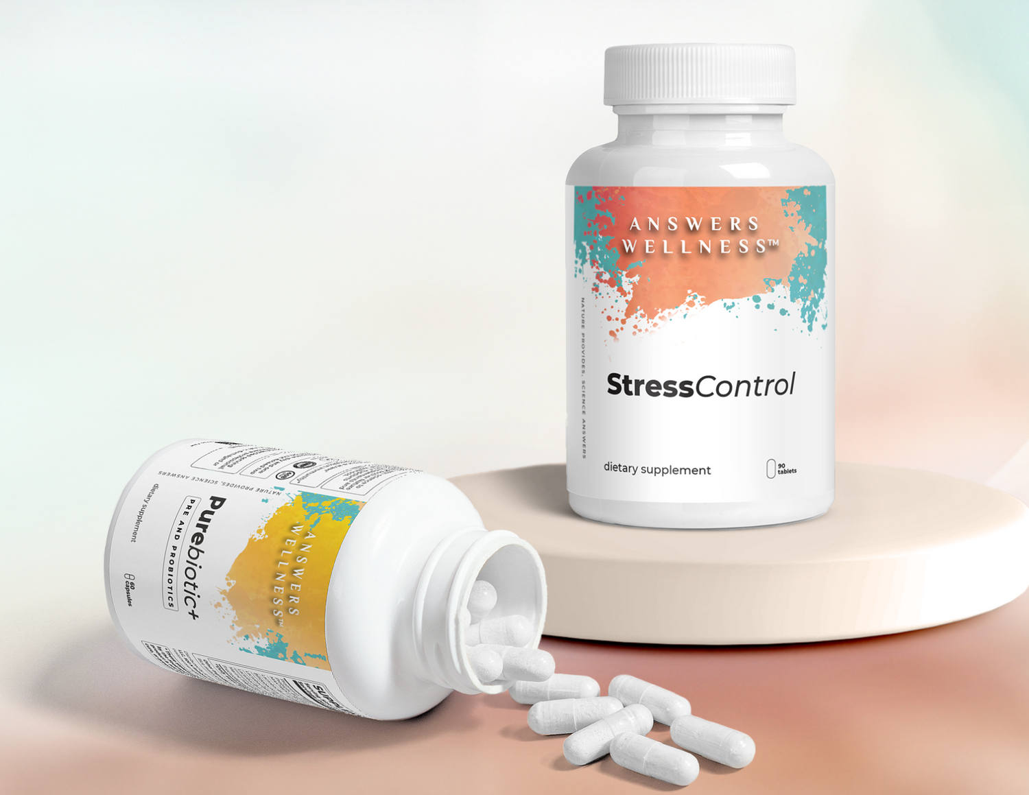 Answers Wellness StressControl for natural stress relief and PureBiotic+ for gut health support.