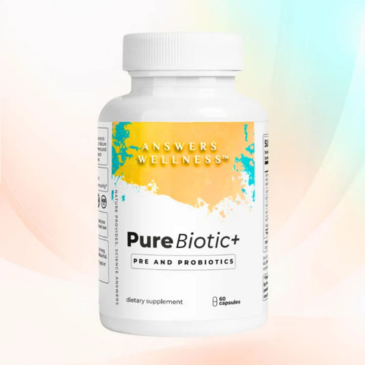 PureBiotic+ by Answers Wellness — probiotic and prebiotic formula for gut health, digestion, immunity, and stress relief.