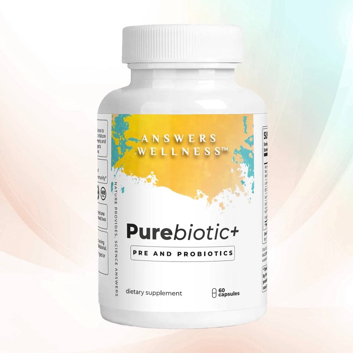 PureBiotic+ by Answers Wellness — probiotic and prebiotic formula for gut health, digestion, immunity, and stress relief.