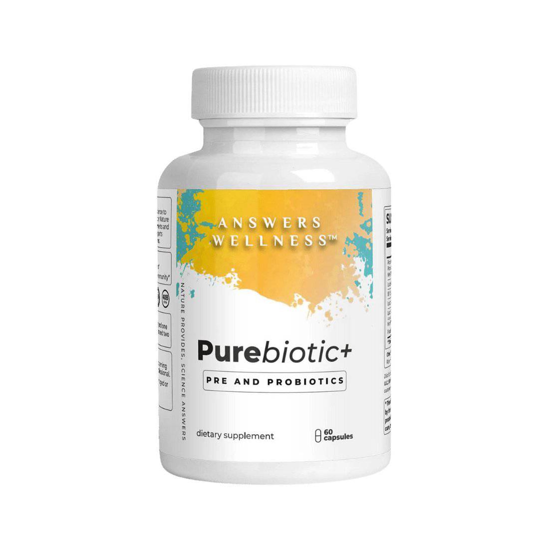 PureBiotic+ bottles by Answers Wellness — natural probiotic and prebiotic supplement for gut health.