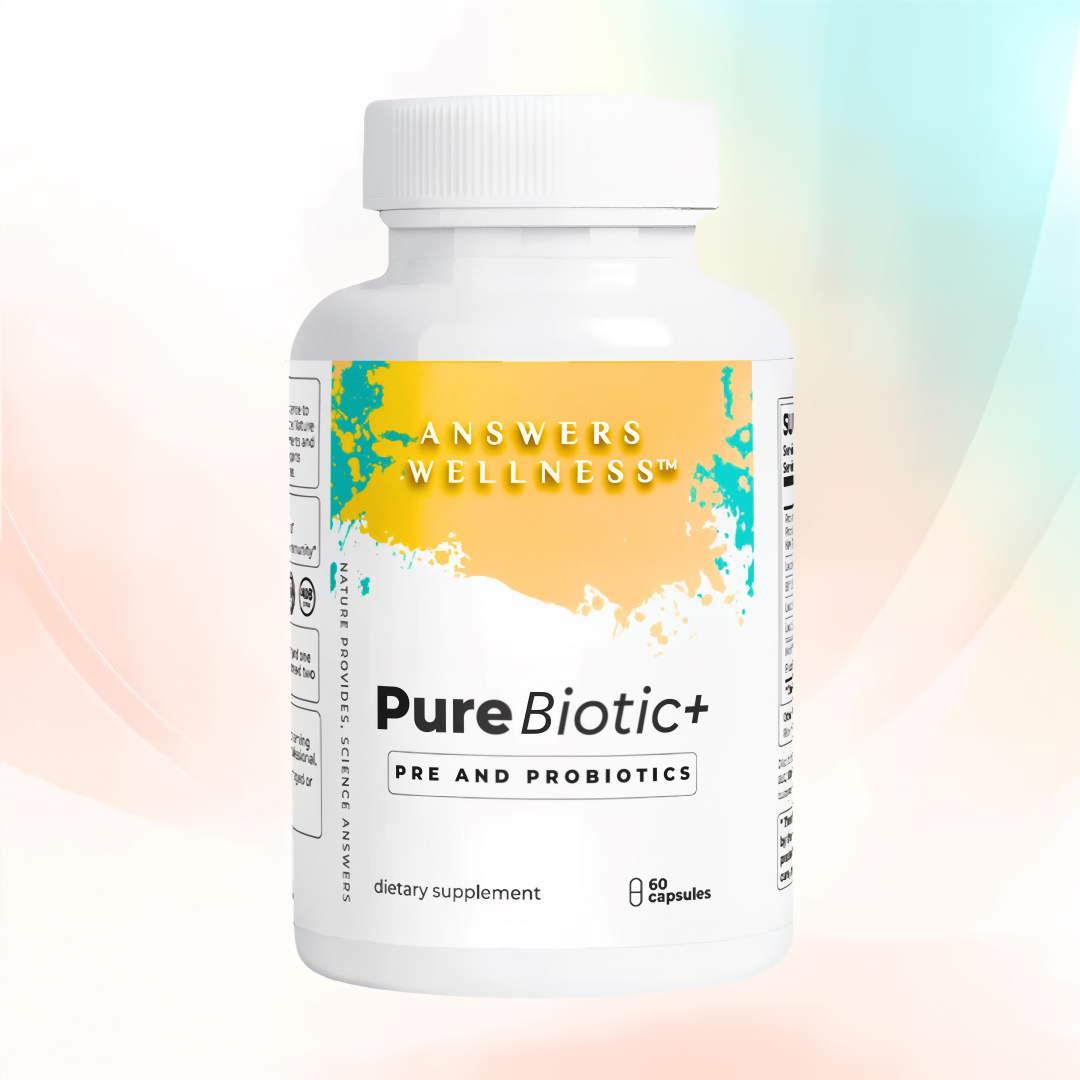 PureBiotic+ by Answers Wellness — natural probiotic and prebiotic supplement for gut health.