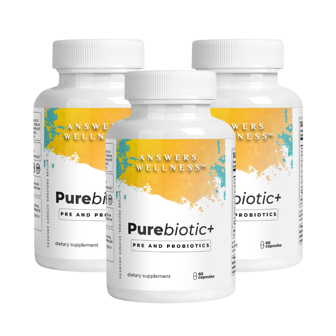Answers Wellness PureBiotic+ bottles — natural gut health supplement with probiotics and prebiotics