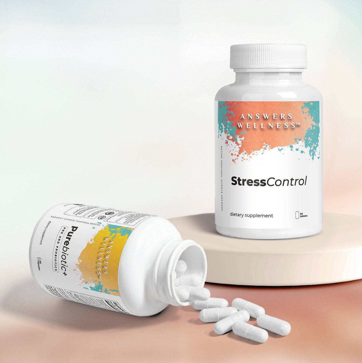 Conquer Stress Bundle by Answers Wellness: StressControl and PureBiotic+ for natural stress relief and gut health support.