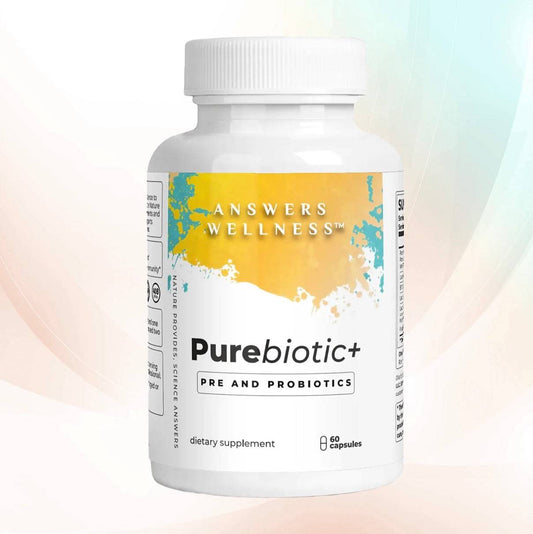 PureBiotic+ by Answers Wellness: Natural gut health supplement with probiotics and prebiotics for digestion and stress.