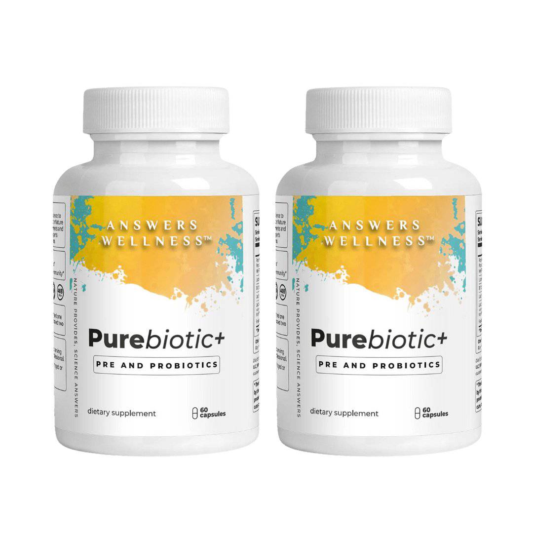 PureBiotic+ by Answers Wellness: Natural gut health supplement with probiotics and prebiotics for digestion and stress.