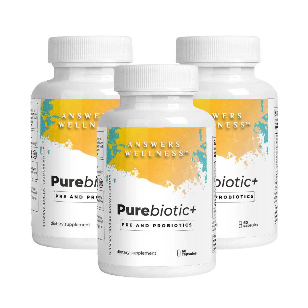 Purebiotic+ by Answers Wellness: Natural probiotic supplement supports gut health, digestion, and natural stress relief.